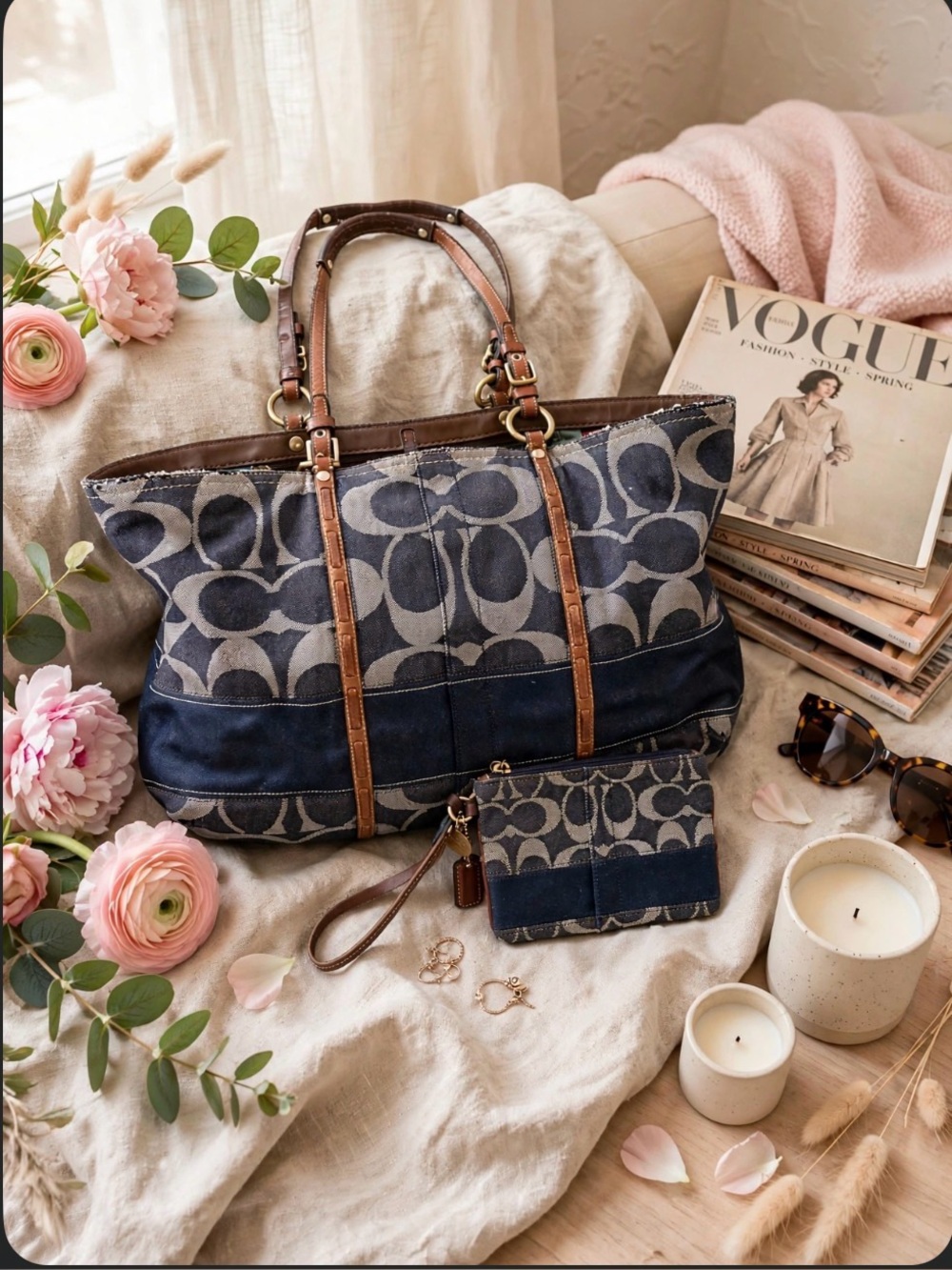 ✨ Y2K Coach Denim Patchwork Tote Bag & Matching Wristlet Set F11180 ✨